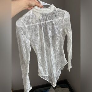 Forever 21 Sheer Floral Lace Long Sleeve Mock Neck Bodysuit Top Oyster White S